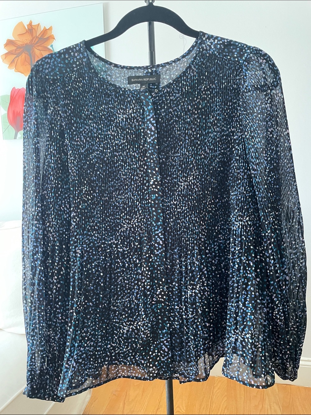 Banana Republic Black Sheer pleated Blouse with Blue & White Dot Print-